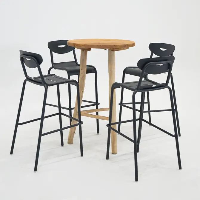 Bartafel Teak d70h110cm met 4 Smiley barstoelen antraciet