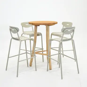 Bartafel Teak d70h110cm met 4 Smiley barstoelen crème