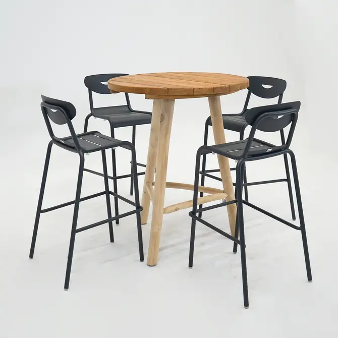 Bartafel Teak d90h110cm met 4 Smiley barstoelen antraciet