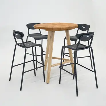 Bartafel Teak d90h110cm met 4 Smiley barstoelen antraciet