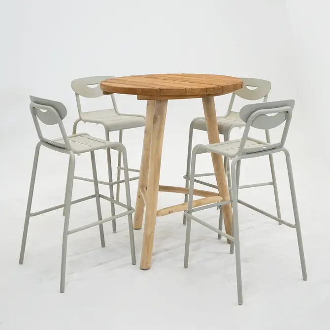 Bartafel Teak d90h110cm met 4 Smiley barstoelen crème