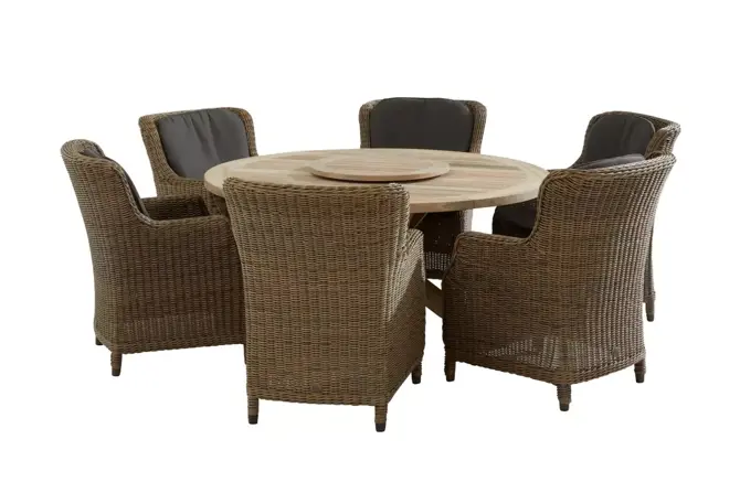 Brighton tuinset met ronde teak Louvre tafel en lazy susan www.tuinmeubels.nl