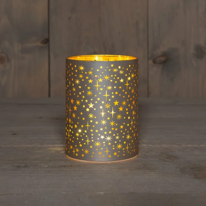 CYLINDER GLAS MET STERREN 10LED WARM WIT OP 3AA BATTERIJ MET TIMER D9HX12CM CHAMPAGNE. ANNA'S collection. tuincentrumoutlet.com