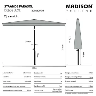 Parasol Delos uitgetekend, Madison, tuinmeubels