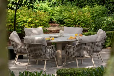 Donato Ø160 cm met 6x Puglia low dining latte sfeer, 4 Seasons Outdoor, tuincentrumoutlet.com