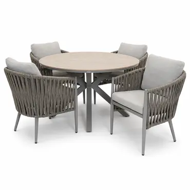 Edison tafel Ø122 cm taupe/teak met 4 Teromos dining stoelen sfeer, Garden Impressions, tuincentrumoutlet.com