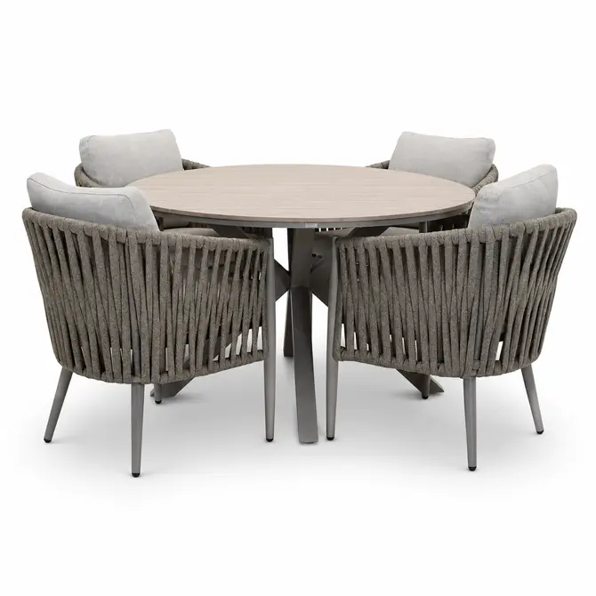 Edison tafel Ø122 cm taupe/teak met 4 Teromos dining stoelen, Garden Impressions, tuincentrumoutlet.com
