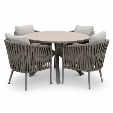 Edison tafel Ø122 cm taupe/teak met 4 Teromos dining stoelen, Garden Impressions, tuincentrumoutlet.com