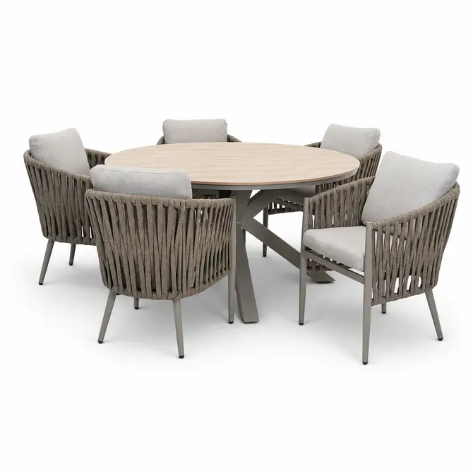 Edison tafel Ø148 cm taupe/teak met 5 Teromos dining stoelen, Garden Impressions, tuincentrumoutlet.com