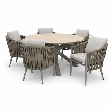 Edison tafel Ø148 cm taupe/teak met 5 Teromos dining stoelen, Garden Impressions, tuincentrumoutlet.com