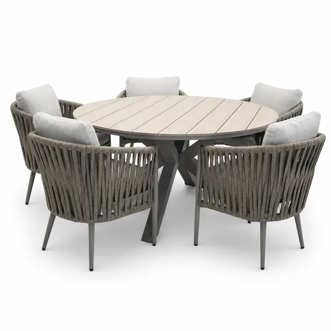 Edison tafel Ø148 cm sfeer taupe/teak met 5 Teromos dining stoelen, Garden Impressions, tuincentrumoutlet.com