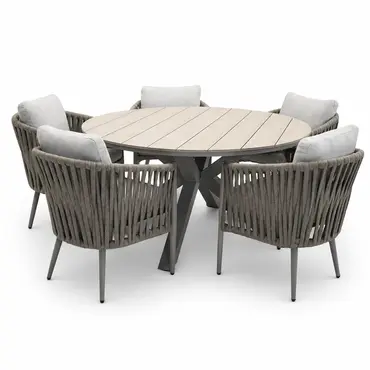 Edison tafel Ø148 cm sfeer taupe/teak met 5 Teromos dining stoelen, Garden Impressions, tuincentrumoutlet.com