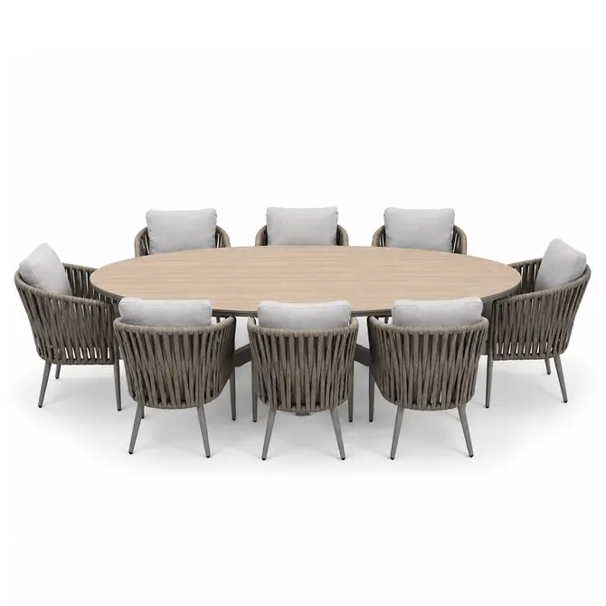 Edison tafel 280x140xH75 cm set, taupe/light teak met 8 Teromos dining stoelen,  Garden Impressions, tuincentrumoutlet.com