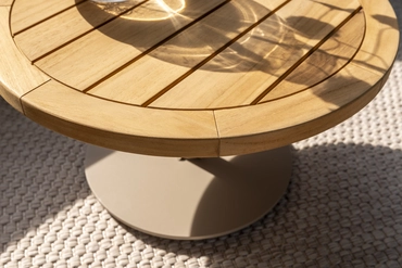 Volta teak salontafel centrale poot latte 60 cm. Ø (H 35) details, 4 Seasons Outdoor, tuincentrumoutlet.com
