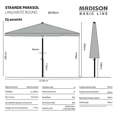 Parasol Lanzarote uitgetekend, Madison, tuinmeubels