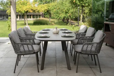 Manolo 240x103x75 cm met 6x Puglia dining stoel terre sfeerfoto, 4 Seasons Outdoor, tuincentrumoutlet.com