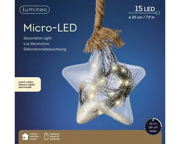Micro LED ster touw d20cm verpakking, Lumineo, tuincentrumoutlet
