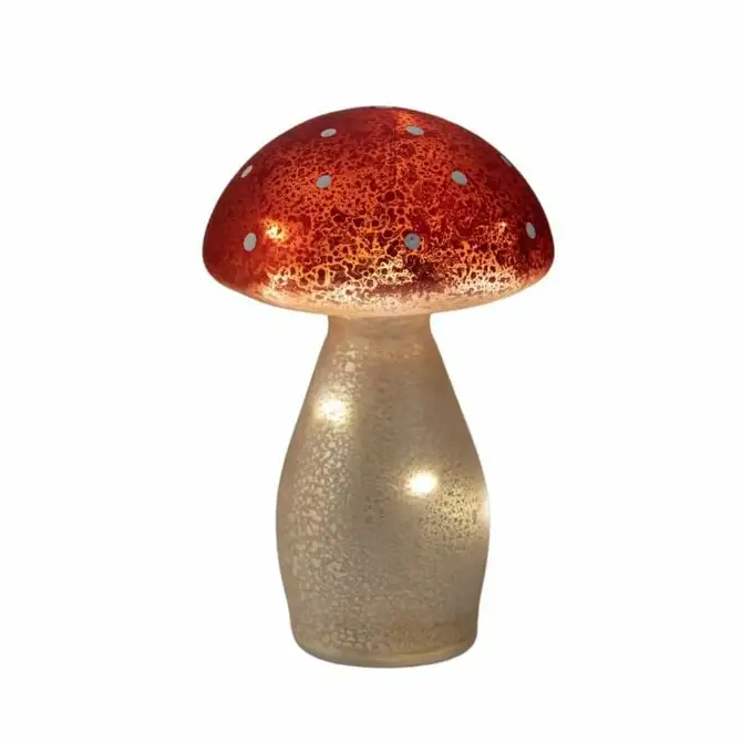 PADDENSTOEL GLAS LED OP BATTERIJ MET TIMER H18CM ROOD MET WITTE STIPPEN - afbeelding 1