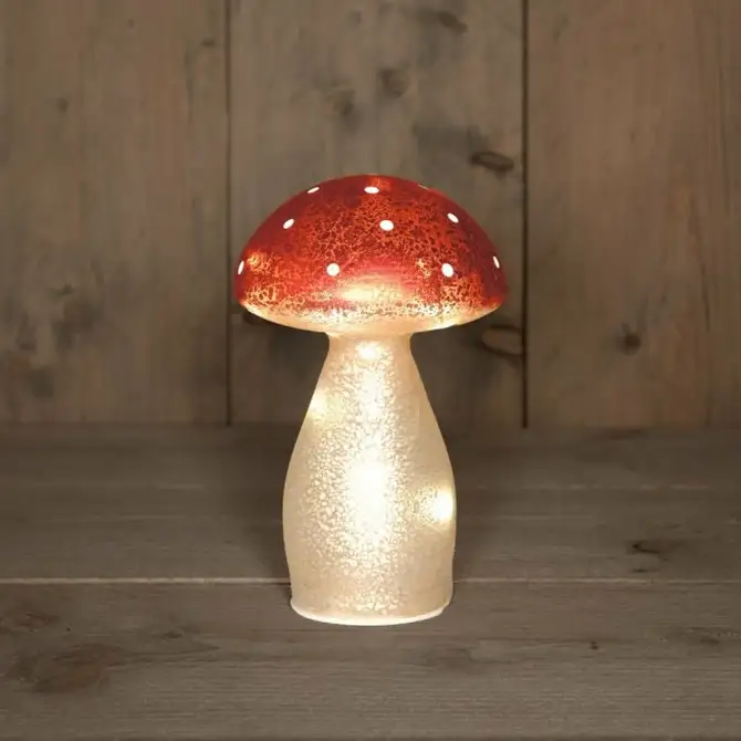 PADDENSTOEL GLAS LED OP BATTERIJ MET TIMER H18CM ROOD MET WITTE STIPPEN - afbeelding 2