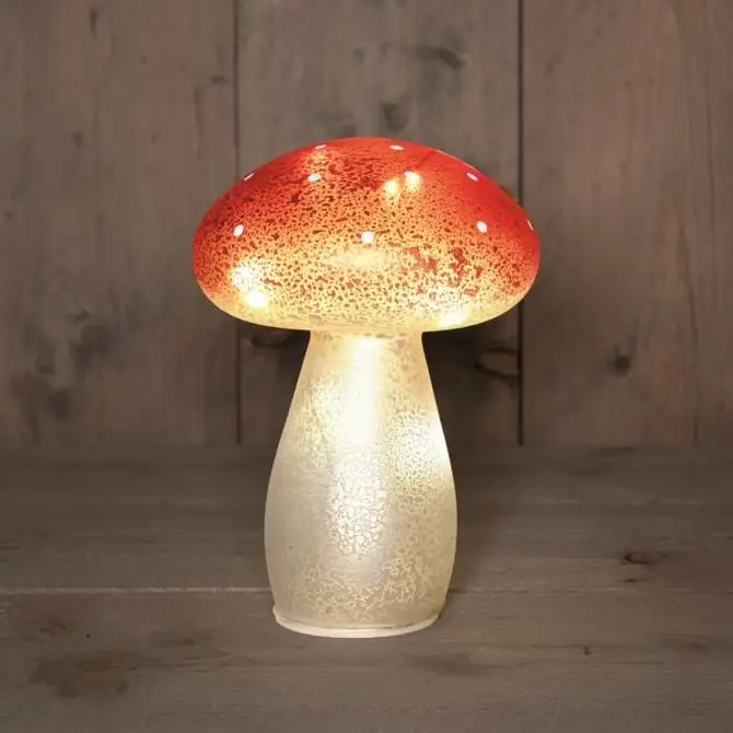 PADDENSTOEL GLAS LED OP BATTERIJ MET TIMER H21CM ROOD MET WITTE STIPPEN - afbeelding 2