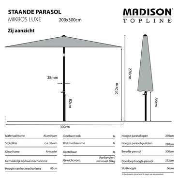 Parasol mikros 200x300cm taupe - afbeelding 2