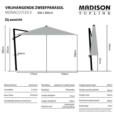 Zweefparasol Monaco flex II brick red uitgetekend, Madison, tuinmeubels