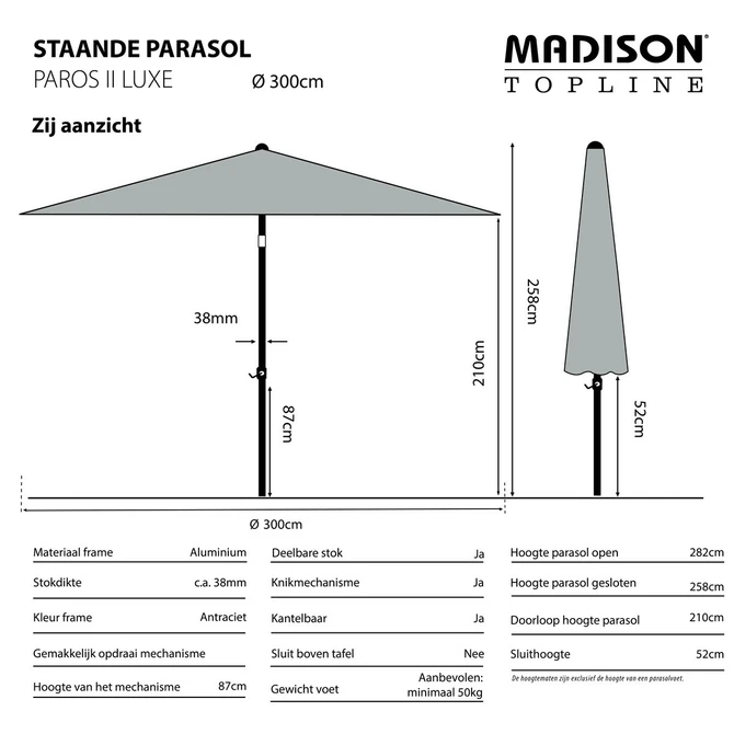 Parasol paros ii d300cm a tilt taupe informatie, Madison, tuincentrumoutlet.com