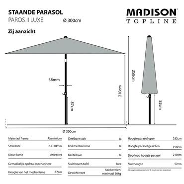 Parasol paros ii d300cm a tilt taupe informatie, Madison, tuincentrumoutlet.com