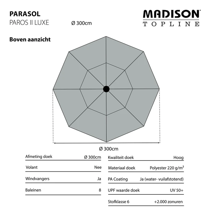 Parasol paros ii d300cm a tilt taupe informaties, Madison, tuincentrumoutlet.com