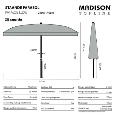 Parasol Patmos Luxe uitgetekend, Madison, tuinmeubels