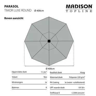 Parasol Timor Luxe uitgetekend 2, Madison, tuinmeubels.nl