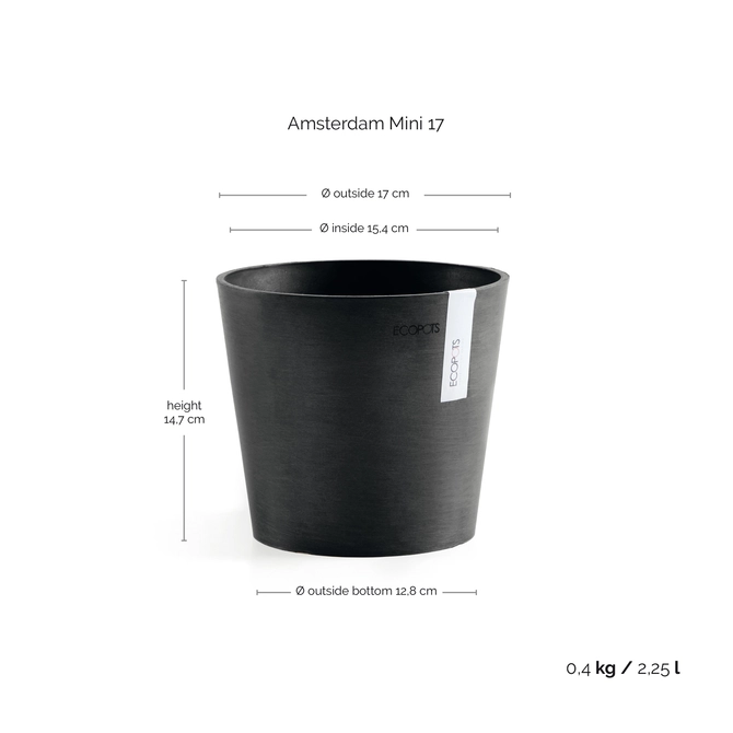 Pot amsterdam d17cm donkergrijs afmetingen, Ecopots, tuincentrumoutlet.com