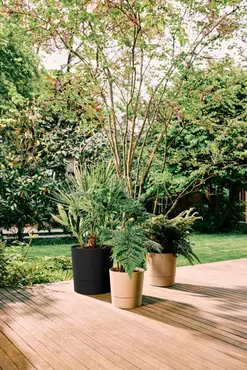 Pot foss d43cm living black met wielen sfeerbeeld, Elho, tuincentrumoutlet.com