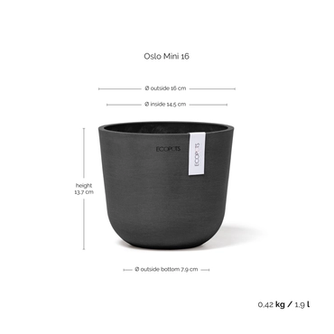 Pot oslo d16h13.7cm donkergrijs afmetingen, Ecopots, tuincentrumoutlet.com
