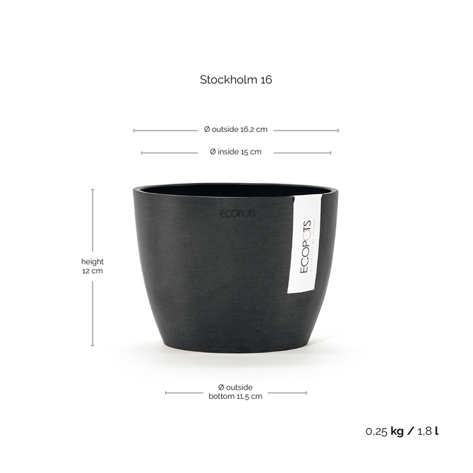 Stockholm 16 Donkergrijs afmetingen, Ecopots, tuincentrumoutlet.com