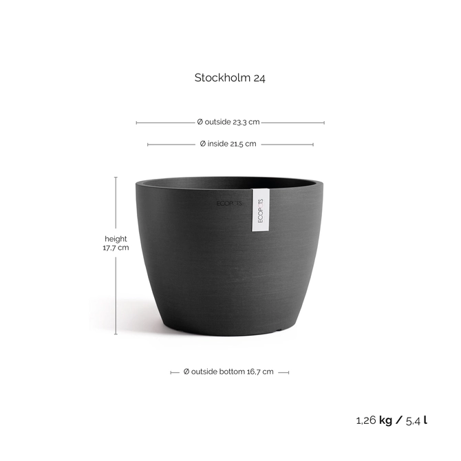 Pot stockholm d24cm donkergrijs afmetingen, Ecopots, tuincentrumoutlet.com