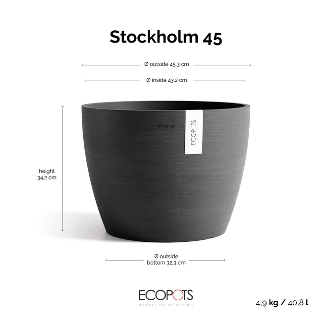 Stockholm 45 Donkergrijs afmetingen, Ecopots, tuincentrumoutlet.com
