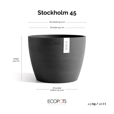Stockholm 45 Donkergrijs afmetingen, Ecopots, tuincentrumoutlet.com