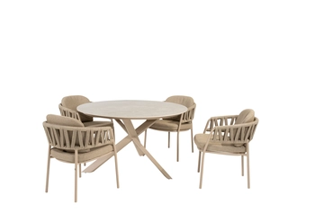 Prado ⌀130cm latte met 4x Calma dining stoel, 4 Seasons Outdoor, tuincentrumoutlet.com