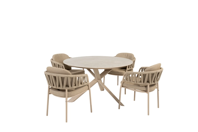 Prado ⌀130cm latte met 4x Calma dining stoel set, 4 Seasons Outdoor, tuincentrumoutlet.com