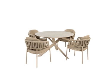 Prado ⌀130cm latte met 4x Calma dining stoel set, 4 Seasons Outdoor, tuincentrumoutlet.com