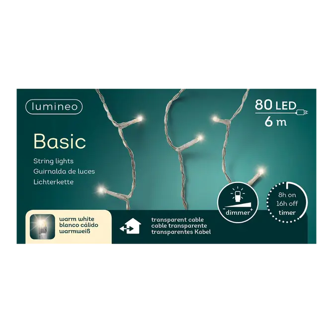 Basicverlichting LED warm wit - 6m - 80 lampjes - Transparant - Lumineo