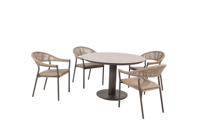 Sarah Ø120 cm met 4x Sienna dining stoel terre schuin, 4 Seasons Outdoor, tuincentrumoutlet.com