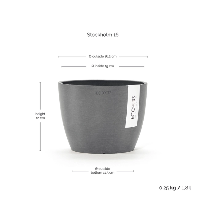 Stockholm 16 Grijs afmetingen, Ecopots, tuincentrumoutlet.com