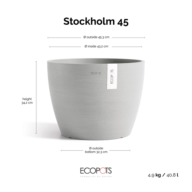 Stockholm 45 Witgrijs afmetingen, Ecopots, tuincentrumoutlet.com