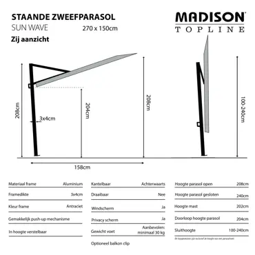 Parasol Sun Wave uitgetekend, Madison, tuinmeubels.nl