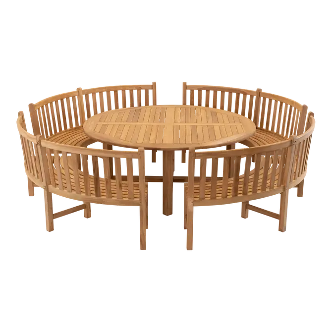 Tafel teak ø180 met 4x ronde parkbank, Lesli Living, Tuincentrum Outlet