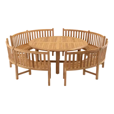 Tafel teak ø180 met 4x ronde parkbank, Lesli Living, Tuincentrum Outlet