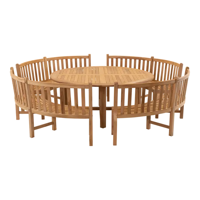 Tafel teak ø180 met 4x ronde parkbank foto, Lesli Living, Tuincentrum Outlet