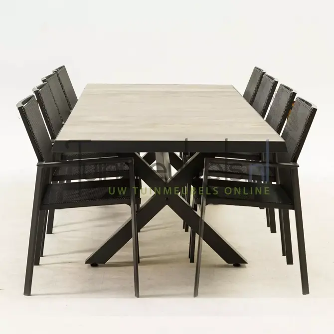 Tuinset Delia met Castilla negro kruispoot 240cm tafel www.tuinmeubels.nl